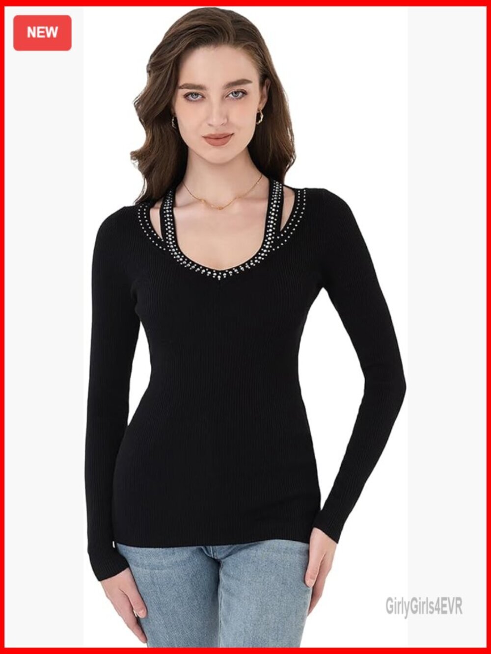 Women Rhinestone V-Neck Ribbed Knit Sweater Pullover Fitted Long Sleeve